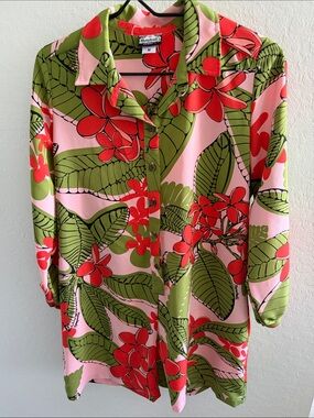 Manuhealii Pink Button-Down shorts romper with Green & Red Floral Print